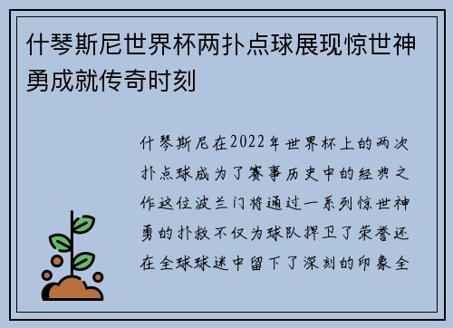 什琴斯尼世界杯两扑点球展现惊世神勇成就传奇时刻